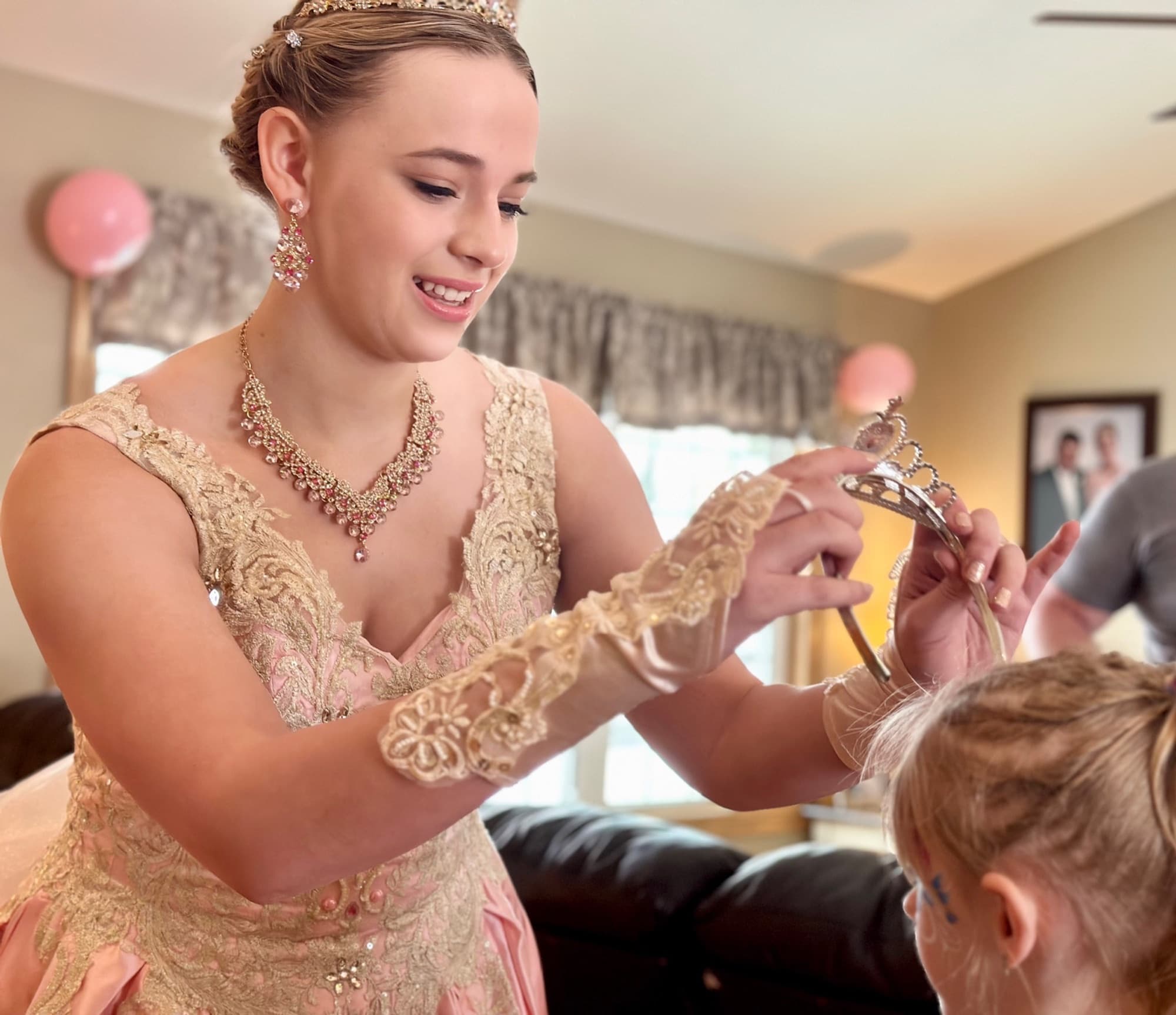 Princess in a lace gown with a guest